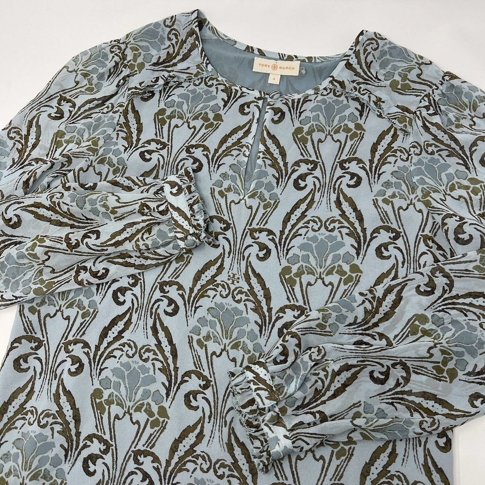 Tory Burch 100%‎ Silk Wallpaper Floral Keyhole Frill Blouse Top Blue Size 4
